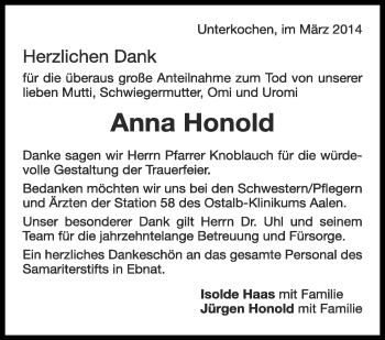 Anzeige von Anna Honold von Schwäbische Zeitung