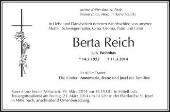 Anzeige von Berta Reich von Schwäbische Zeitung