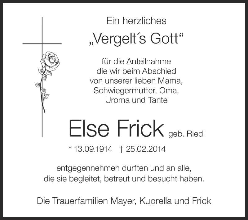  Traueranzeige für Else Frick vom 22.03.2014 aus Schwäbische Zeitung