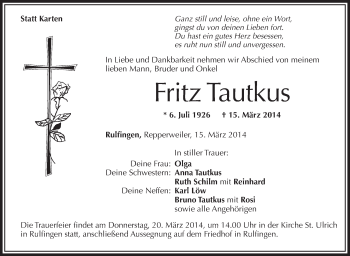 Anzeige von Fritz Tautkus von Schwäbische Zeitung