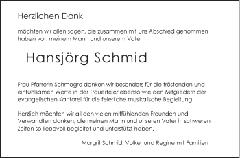 Anzeige von Hansjörg Schmid von Schwäbische Zeitung
