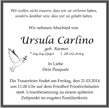 Anzeige von Ursula Carlino von Schwäbische Zeitung