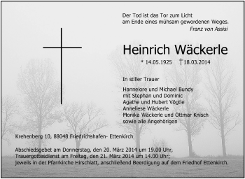 Anzeige von Heinrich Wäckerle von Schwäbische Zeitung