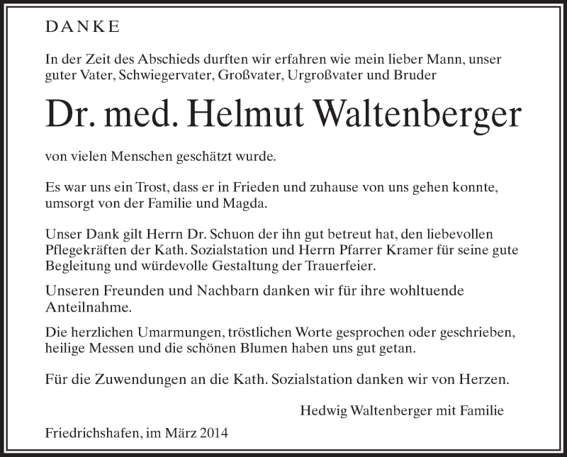 Traueranzeige für Helmut Waltenberger vom 22.03.2014 aus Schwäbische Zeitung