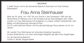 Anzeige von Anna Steinhauser von Schwäbische Zeitung