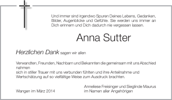 Anzeige von Anna Sutter von Schwäbische Zeitung