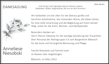 Anzeige von Anneliese Niesobski von Schwäbische Zeitung