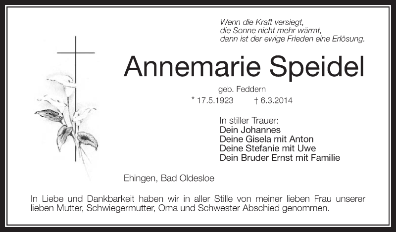  Traueranzeige für Annemarie Speidel vom 25.03.2014 aus Schwäbische Zeitung