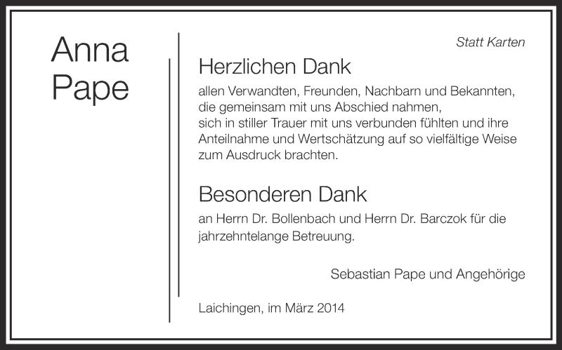  Traueranzeige für Anna Pape vom 28.03.2014 aus Schwäbische Zeitung