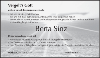 Anzeige von Berta Sinz von Schwäbische Zeitung