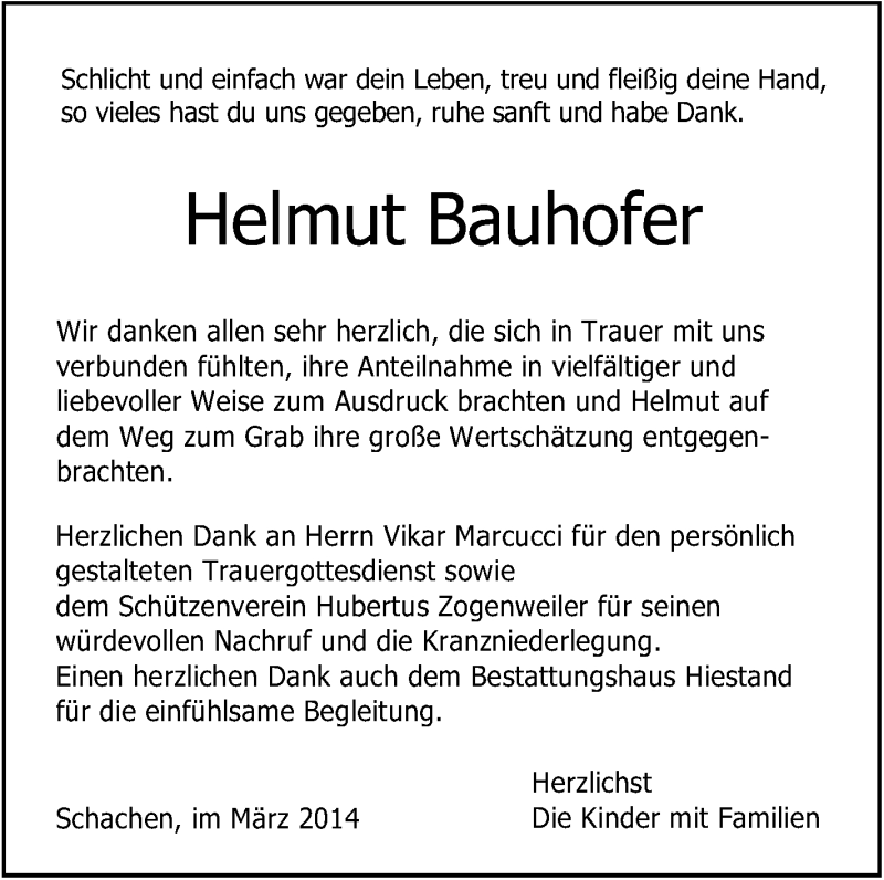  Traueranzeige für Helmut Bauhofer vom 29.03.2014 aus Schwäbische Zeitung