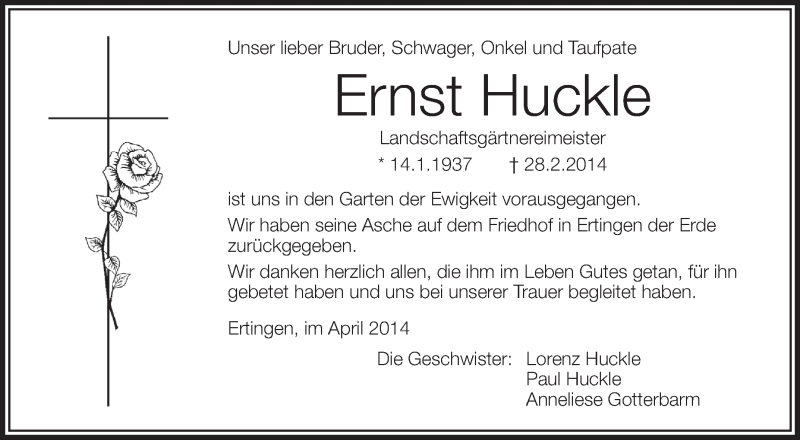  Traueranzeige für Ernst Huckle vom 02.04.2014 aus Schwäbische Zeitung