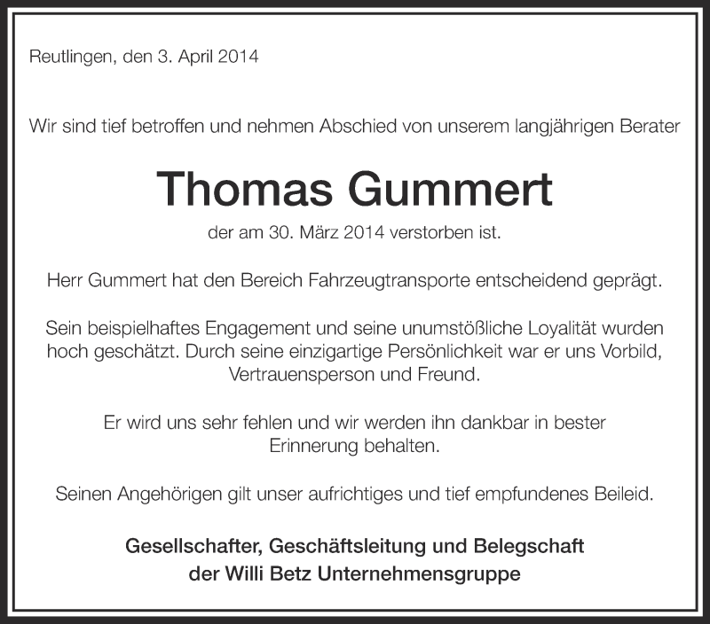  Traueranzeige für Thomas Gummert vom 03.04.2014 aus Schwäbische Zeitung