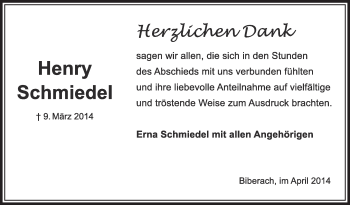 Anzeige von Henry Schmiedel von Schwäbische Zeitung
