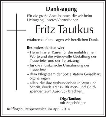 Anzeige von Fritz Tautkus von Schwäbische Zeitung