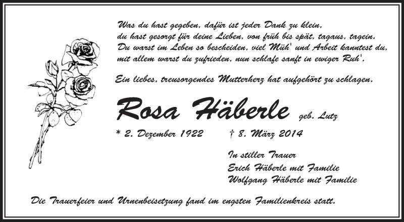  Traueranzeige für Rosa Häberle vom 12.04.2014 aus Schwäbische Zeitung