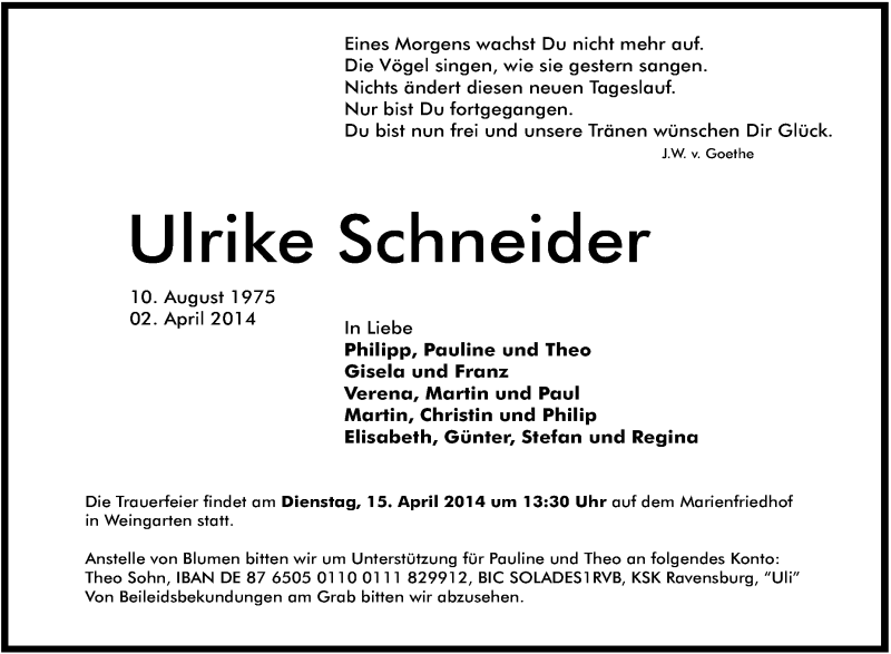  Traueranzeige für Ulrike Schneider vom 12.04.2014 aus Schwäbische Zeitung