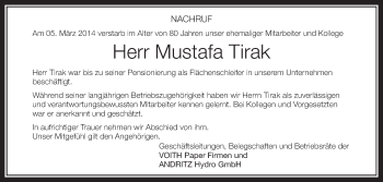 Anzeige von Mustafa Tirak von Schwäbische Zeitung