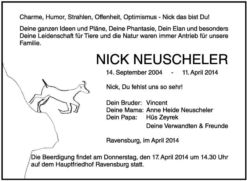  Traueranzeige für Nick Neuscheler vom 16.04.2014 aus Schwäbische Zeitung