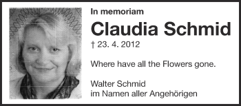 Anzeige von Claudia Schmid von Schwäbische Zeitung