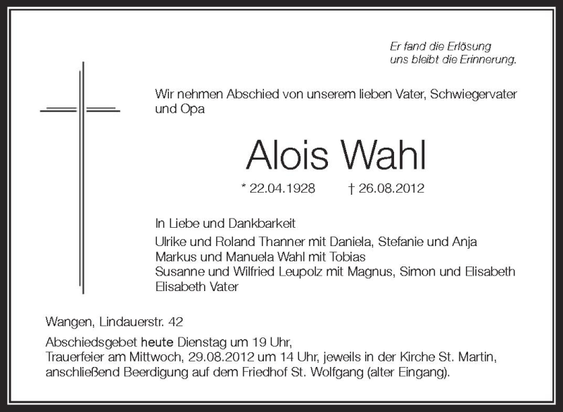  Traueranzeige für Alois Wahl vom 28.08.2012 aus Schwäbische Zeitung