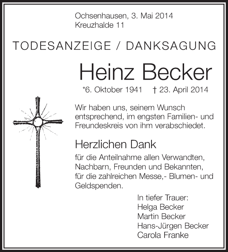  Traueranzeige für Heinz Becker vom 03.05.2014 aus Schwäbische Zeitung