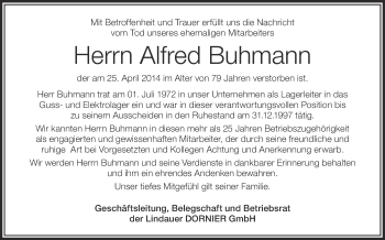 Anzeige von Alfred Buhmann von Schwäbische Zeitung