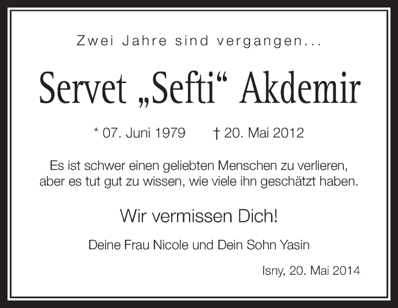  Traueranzeige für Servet Akdemir vom 20.05.2014 aus Schwäbische Zeitung