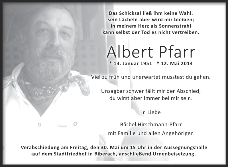  Traueranzeige für Albert Pfarr vom 24.05.2014 aus Schwäbische Zeitung