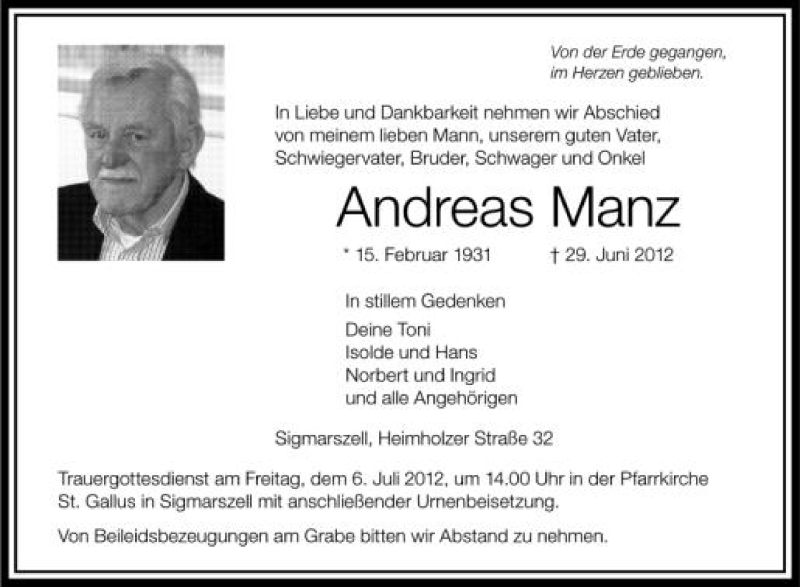  Traueranzeige für Andreas Manz vom 04.07.2012 aus Schwäbische Zeitung