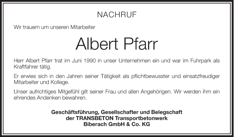  Traueranzeige für Albert Pfarr vom 27.05.2014 aus Schwäbische Zeitung