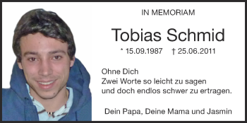 Anzeige von Tobias Schmid von Schwäbische Zeitung