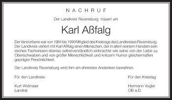 Anzeige von Karl Aßfalg von Schwäbische Zeitung