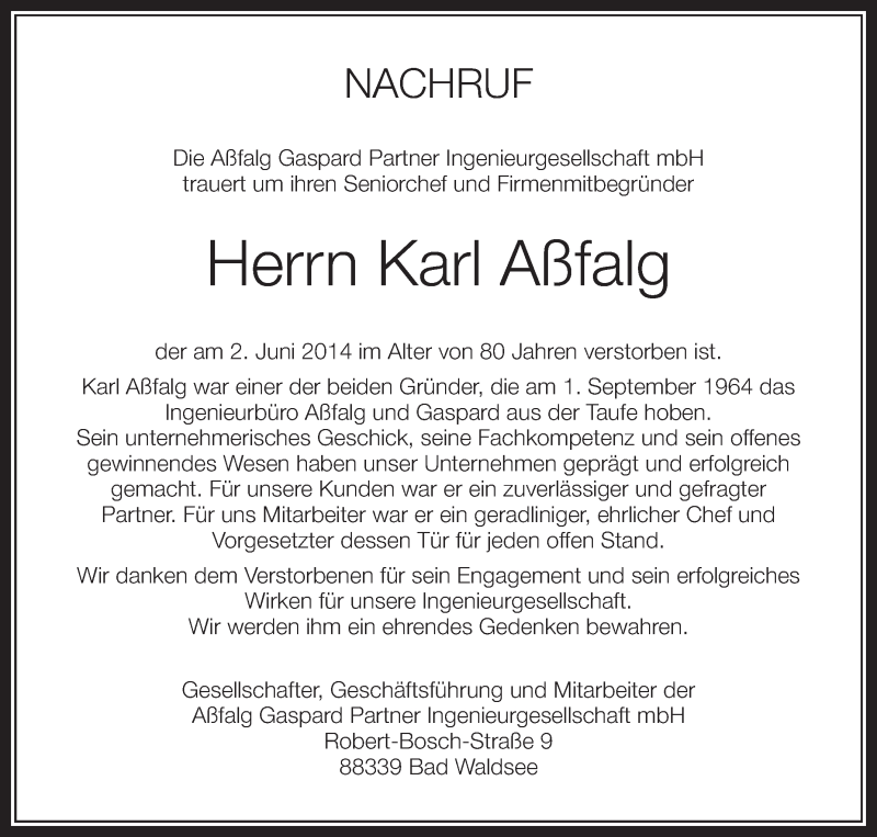  Traueranzeige für Karl Aßfalg vom 06.06.2014 aus Schwäbische Zeitung
