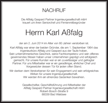 Anzeige von Karl Aßfalg von Schwäbische Zeitung