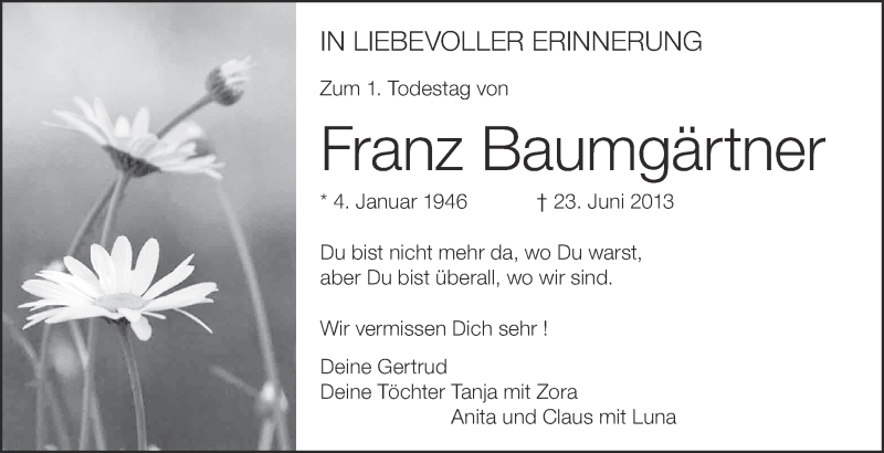  Traueranzeige für Franz Baumgärtner vom 23.06.2014 aus Schwäbische Zeitung