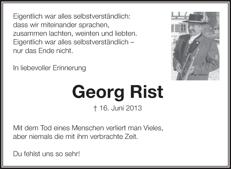  Traueranzeige für Georg Rist vom 16.06.2014 aus Schwäbische Zeitung