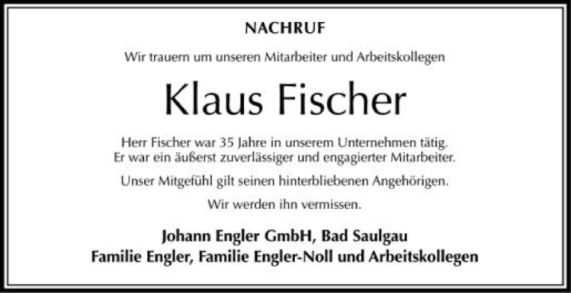  Traueranzeige für Klaus Fischer vom 15.05.2012 aus Schwäbische Zeitung