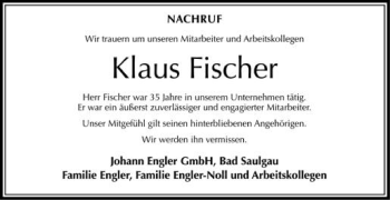 Anzeige von Klaus Fischer von Schwäbische Zeitung