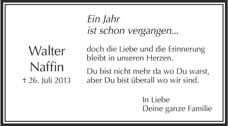 Traueranzeige für Walter Naffin vom 26.07.2014 aus Schwäbische Zeitung