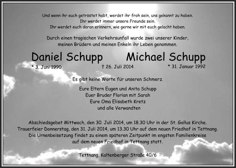  Traueranzeige für Daniel und Michael Schupp vom 29.07.2014 aus Schwäbische Zeitung