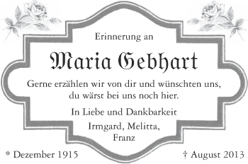 Anzeige von Maria Gebhart von Schwäbische Zeitung