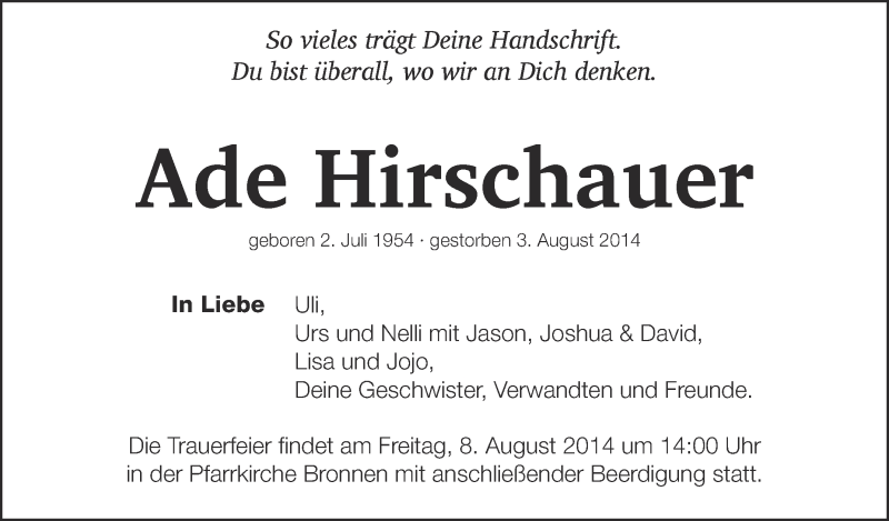  Traueranzeige für Ade Hirschauer vom 06.08.2014 aus Schwäbische Zeitung