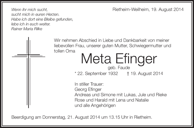  Traueranzeige für Meta Efinger vom 20.08.2014 aus Schwäbische Zeitung