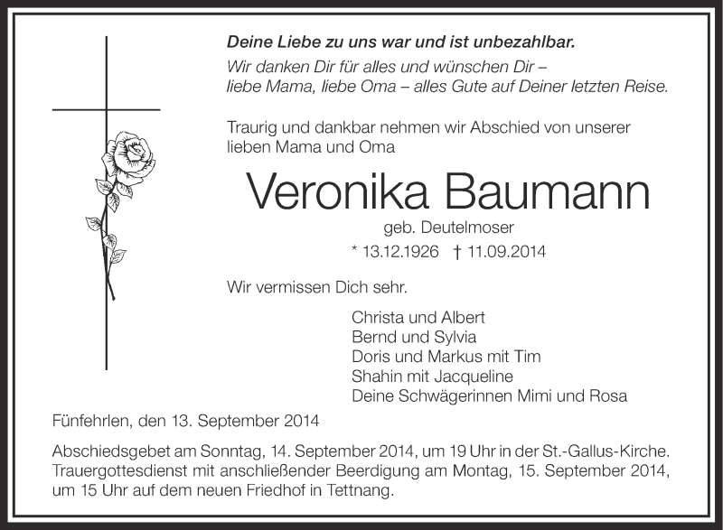  Traueranzeige für Veronika Baumann vom 13.09.2014 aus Schwäbische Zeitung