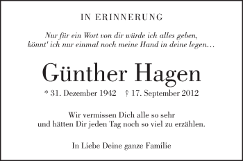 Anzeige von Günther Hagen von Schwäbische Zeitung
