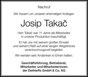 Anzeige von Josip Takac  von Schwäbische Zeitung