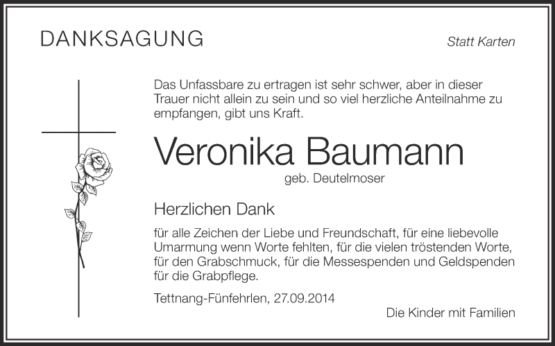  Traueranzeige für Veronika Baumann vom 27.09.2014 aus Schwäbische Zeitung