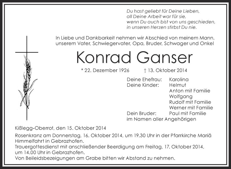  Traueranzeige für Konrad Ganser vom 15.10.2014 aus Schwäbische Zeitung