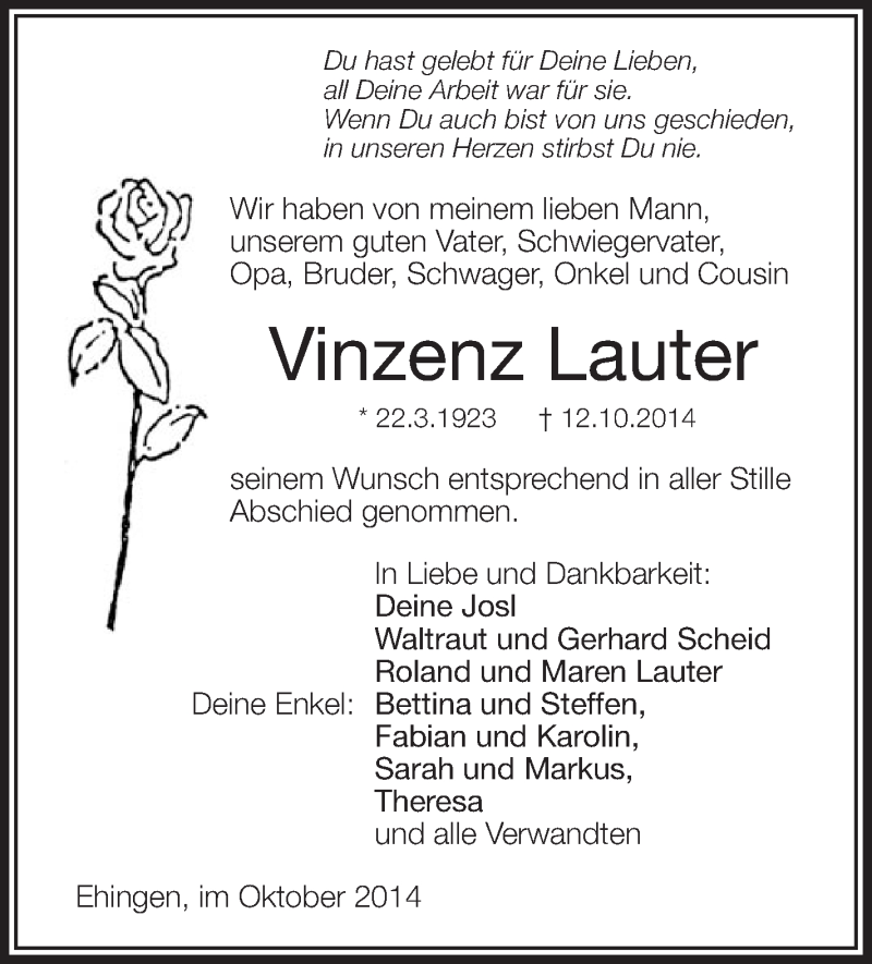  Traueranzeige für Vinzenz Lauter vom 22.10.2014 aus Schwäbische Zeitung